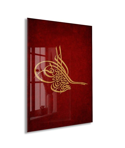 Osmanlı Tuğrası Cam Tablo – Altın Yaldızlı Kırmızı Zemin İslami ve Tarihi Duvar Dekoru - PeonyOsm002