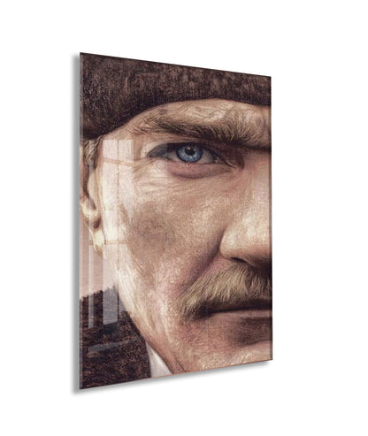 Atatürk Mavi Göz Detayı Cam Tablo – 4 mm Temperli Cam, Sanatsal Portre Duvar Dekoru -PeonyAta053