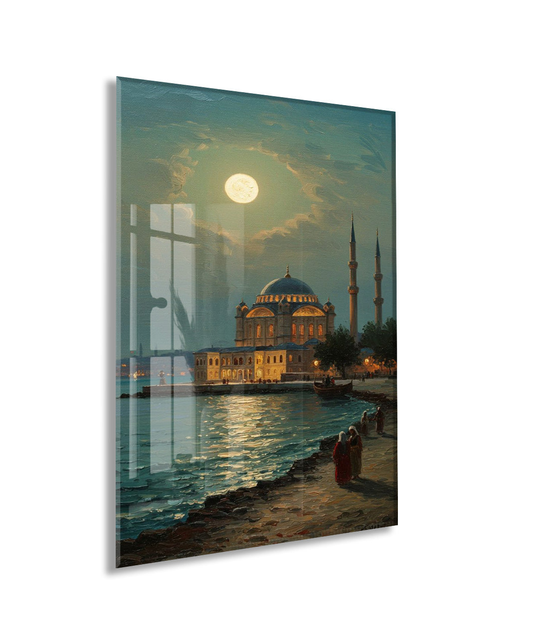 Dolunay Altında İstanbul Camii – Ay Işığında Osmanlı Mimarisi Cam Tablo - PeonyOsm007