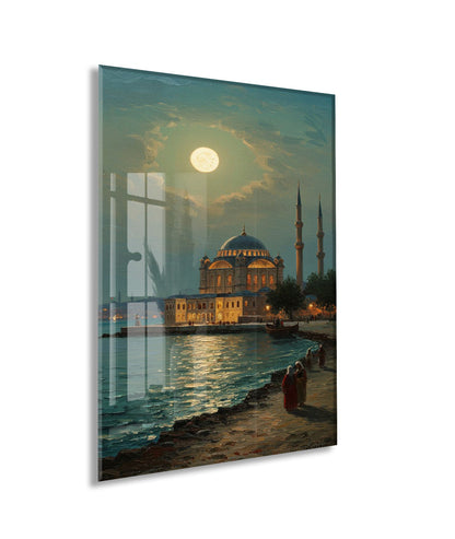 Dolunay Altında İstanbul Camii – Ay Işığında Osmanlı Mimarisi Cam Tablo - PeonyOsm007