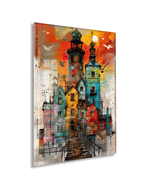 Renkli Şehir Evleri Cam Tablo – Modern Kentsel Mimari Temalı Soyut Sanat, UV Baskılı Temperli Cam Duvar Tablosu - Peony034