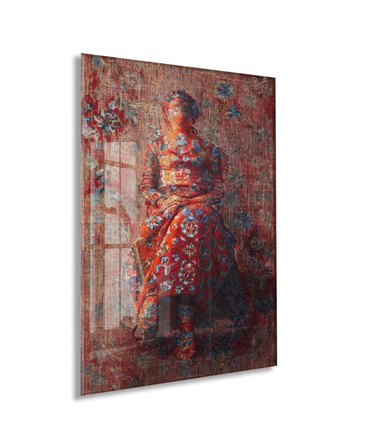 Oryantal Desenli Kırmızı Elbiseli Kadın Figürlü Cam Tablo – Sanatsal ve Vintage Duvar Dekoru - Peony059