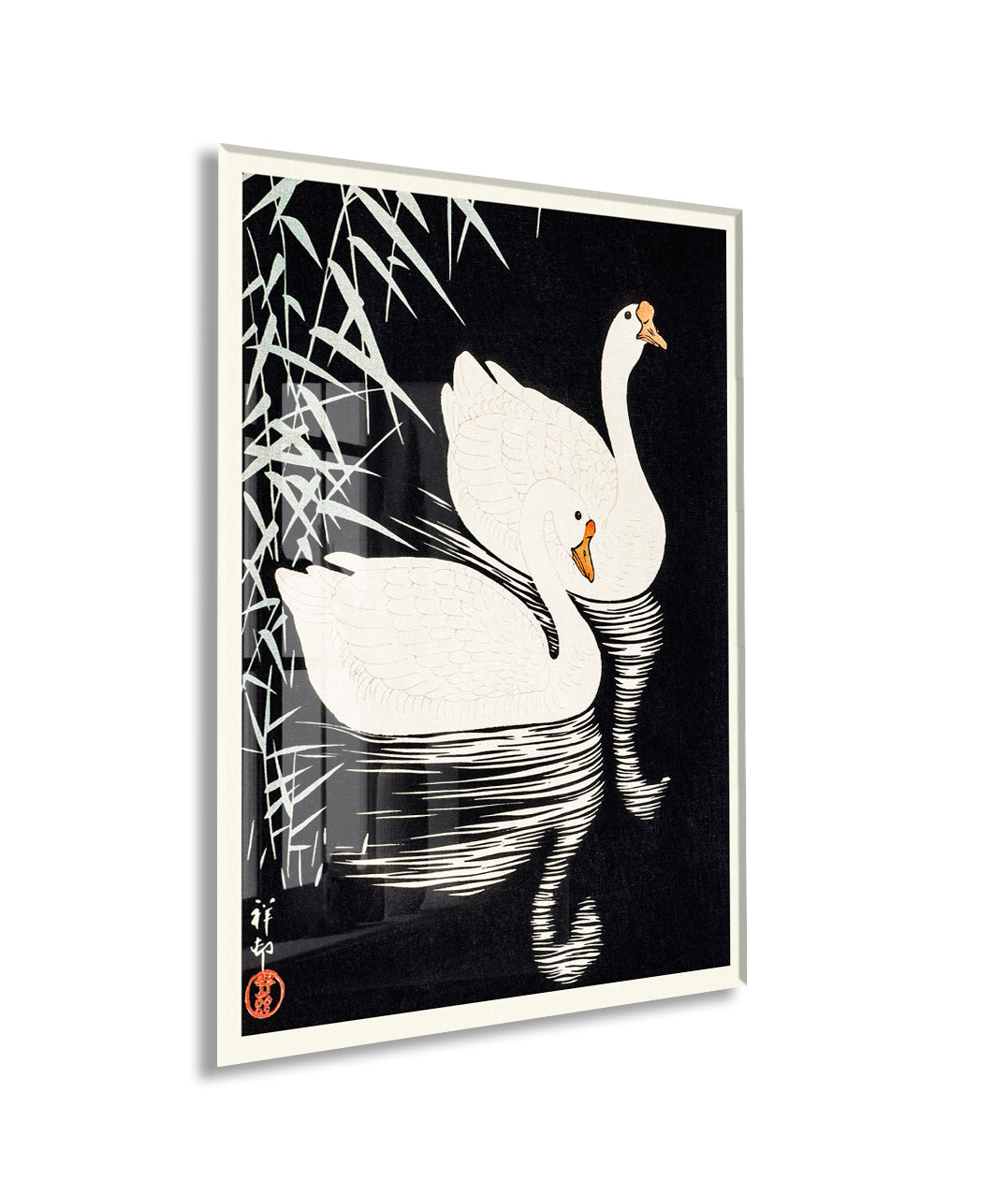 Japon Kuğuları Cam Tablo | Minimal Siyah Beyaz Ukiyo-e UV Baskılı Temperli Cam Tablo- Peony166