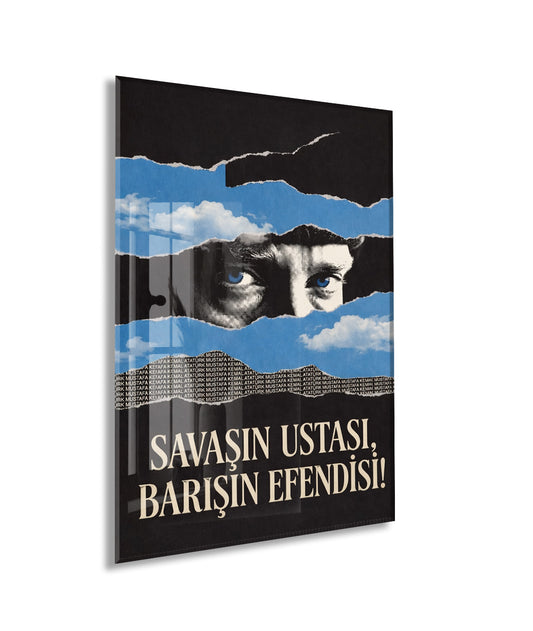 Mustafa Kemal Atatürk Savaşın Ustası Barışın Efendisi Cam Tablo – Modern Mavi Siyah Atatürk Duvar Dekoru -PeonyAta076