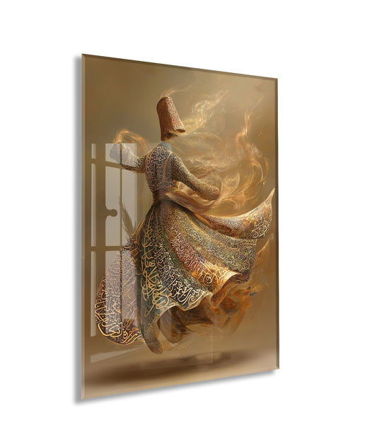 Sema ve İlahi Aşk Temalı Hat Sanatı Cam Tablo | Mevlevî Derviş Tasviri - PeonyDini112