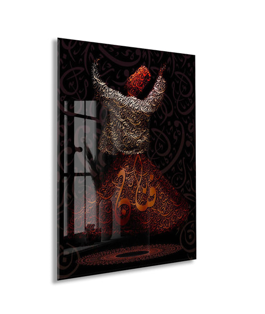 Allah Lafzı ile Sema Eden Mevlevi Derviş Cam Tablo | Tasavvuf Sanatı, İlahi Aşk ve Zikir Temalı İslami Hat Duvar Dekoru - PeonyDini0105