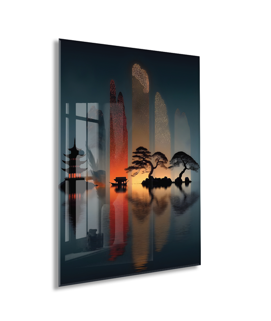 Doğu Esintili Gün Batımı Cam Tablo – Minimalist Japon Manzarası UV Baskılı Temperli Cam Duvar Tablosu - Peony026