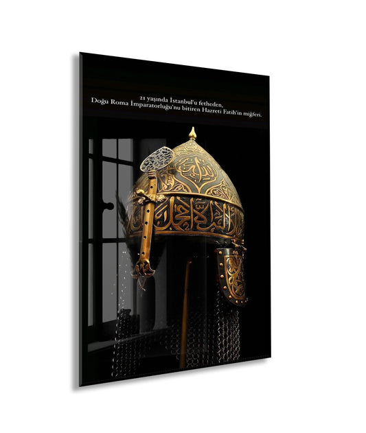 Fatih Sultan Mehmet Miğferi Cam Tablo – İstanbul’un Fethini Sembolize Eden Tarihi Duvar Dekoru - PeonyOsm003
