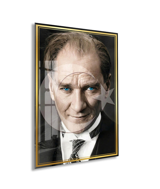 Mavi Gözlü Mustafa Kemal Atatürk Cam Tablo | 4 mm Temperli UV Baskılı Premium Duvar Dekoru -PeonyAta1305