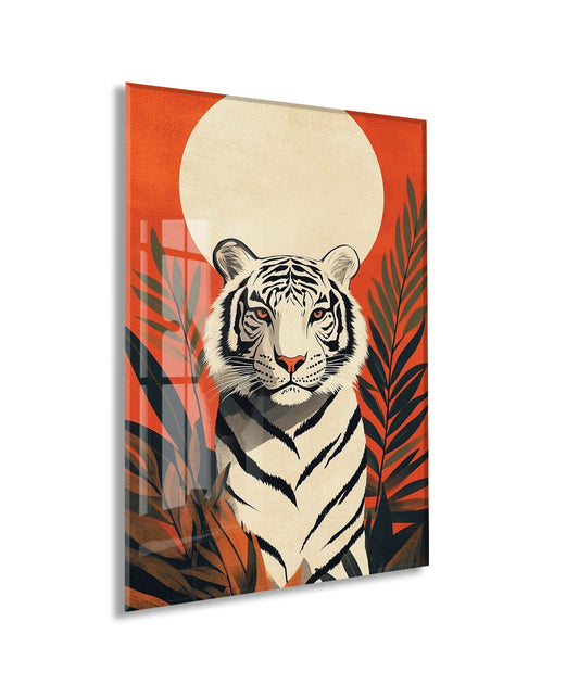 White Tiger Art – Tropikal Yapraklı Minimal Cam Tablo - Peony142