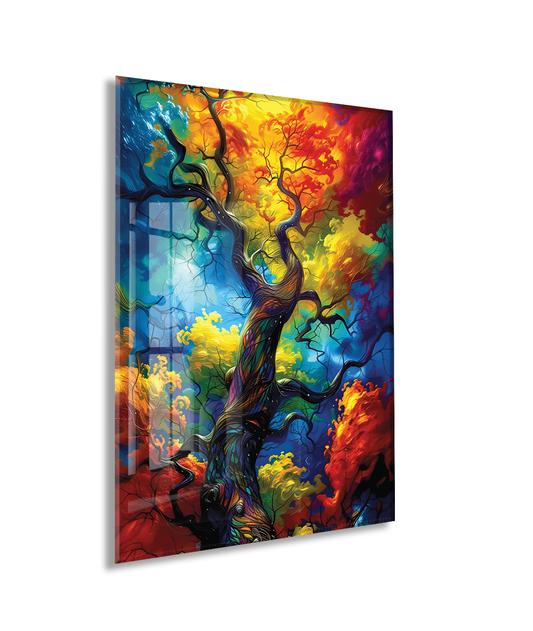Renk Patlaması Soyut Ağaç Cam Tablo – Modern Sanat Temalı UV Baskılı Temperli Cam Duvar Tablosu - Peony027