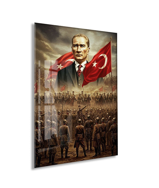 Atatürk ve Türk Bayrağı Cam Baskı Tablo | Kurtuluş Savaşı Temalı Tarihi Duvar Dekoru, 4mm Temperli Cam, Yüksek Çözünürlüklü UV Baskı PeonyAta044