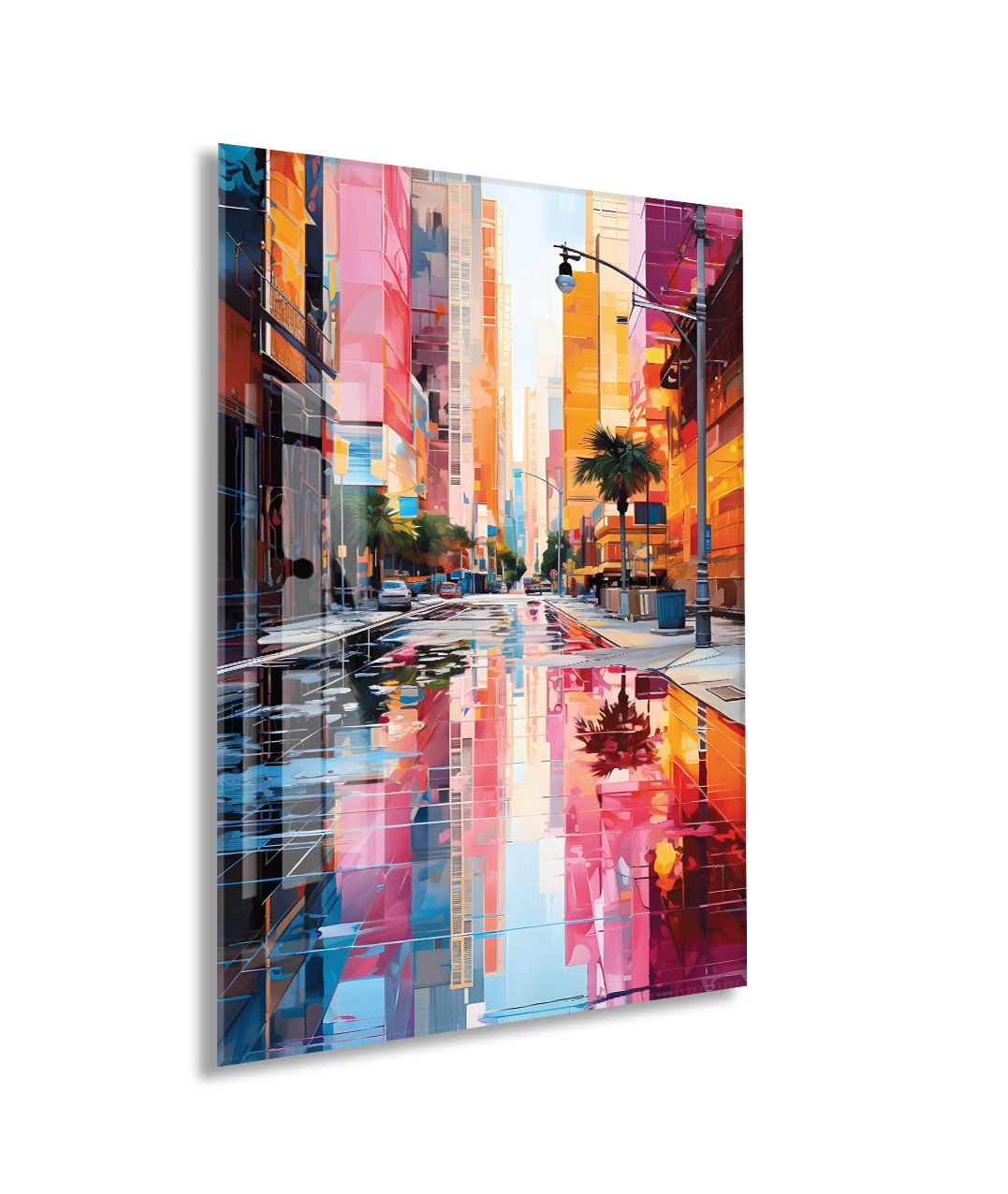 Renkli Modern Şehir Sokağı Cam Tablo – Yansımalı Sokak Manzarası ve Çağdaş Duvar Dekoru - Peony056