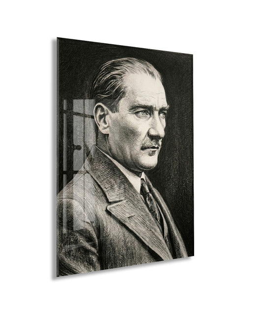 Mustafa Kemal Atatürk Karakalem Cam Tablo | Sanatsal 4 mm Temperli UV Baskılı Duvar Dekoru -PeonyAta1307