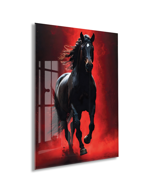 Kırmızı Arka Planlı Siyah At Cam Tablo – Güç ve Özgürlüğü Yansıtan Modern Sanatsal Duvar Dekoru - Peony021