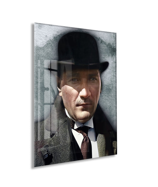 Atatürk Fötr Şapkalı Portre Cam Tablo – Modern ve Zamansız 4 mm Temperli Cam Duvar Dekoru -PeonyAta1001