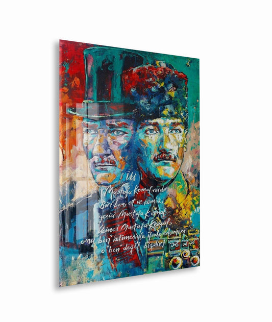 Beni Görmek Demek Mustafa Kemal Atatürk Cam Tablo | Çift Portre UV Baskılı Temperli Cam -PeonyAta1336