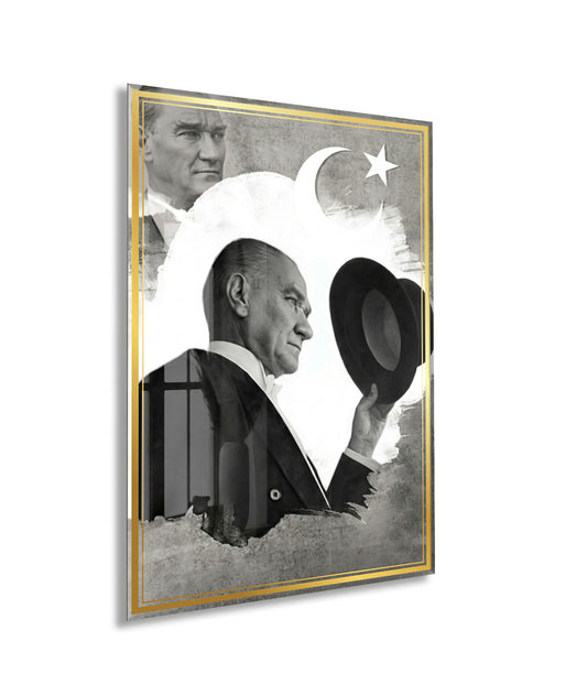 Şapkalı Mustafa Kemal Atatürk Cam Tablo | Sanatsal 4 mm Temperli UV Baskılı Duvar Dekoru -PeonyAta1306