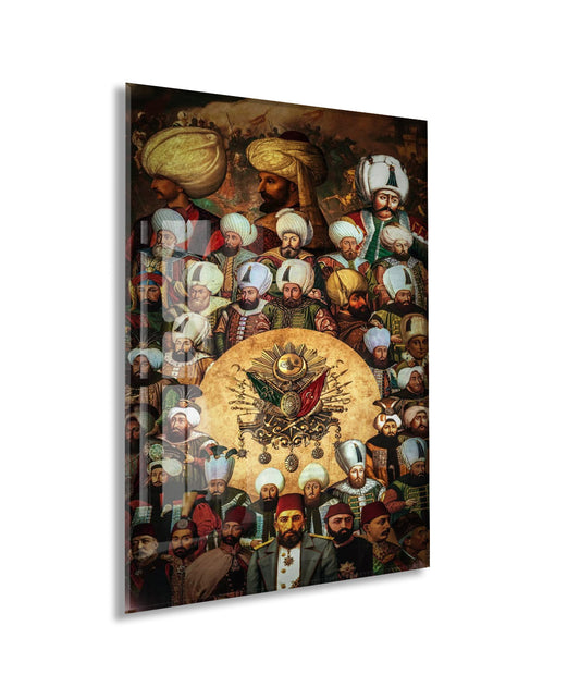 Osmanlı Padişahları ve Devlet Arması – Hanedan Tarihi Temalı Cam Tablo - PeonyOsm010