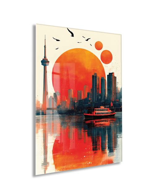 Modern Şehir Silüeti Cam Tablo – Gün Batımı Temalı Sanatsal UV Baskılı Temperli Cam Duvar Tablosu - Peony005