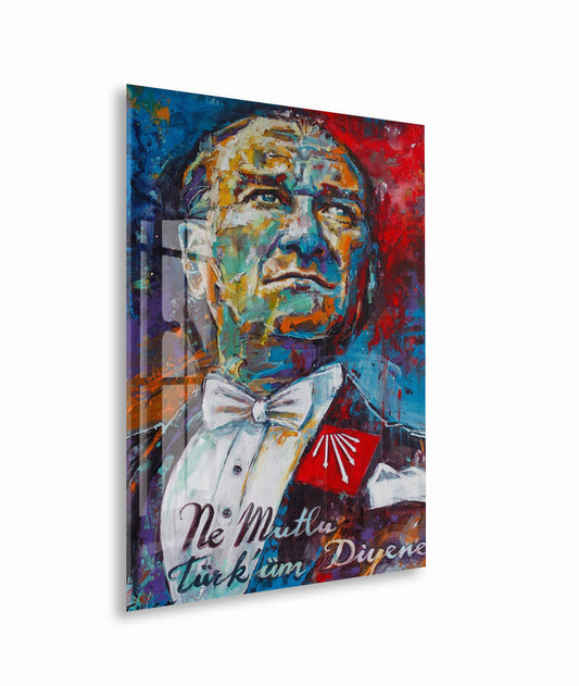 Ne Mutlu Türküm Diyene Mustafa Kemal Atatürk Cam Tablo | Sanatsal UV Baskılı Temperli Cam -PeonyAta1333