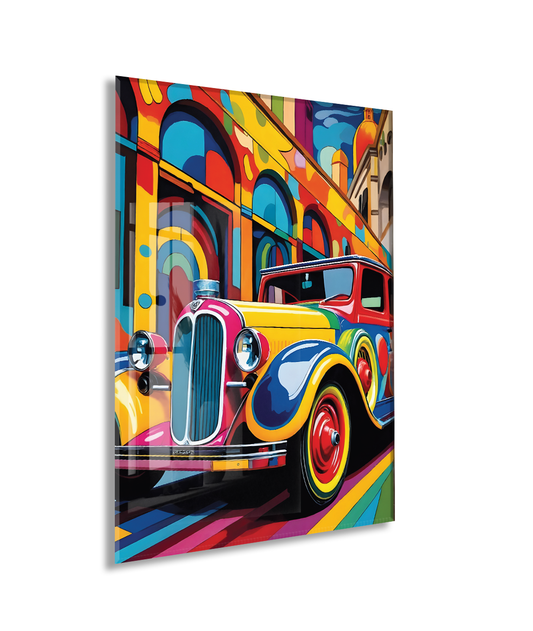 Renkli Klasik Araba Cam Tablo – Retro Otomobil Temalı Modern Pop Art, UV Baskılı Temperli Cam Duvar Tablosu - Peony036