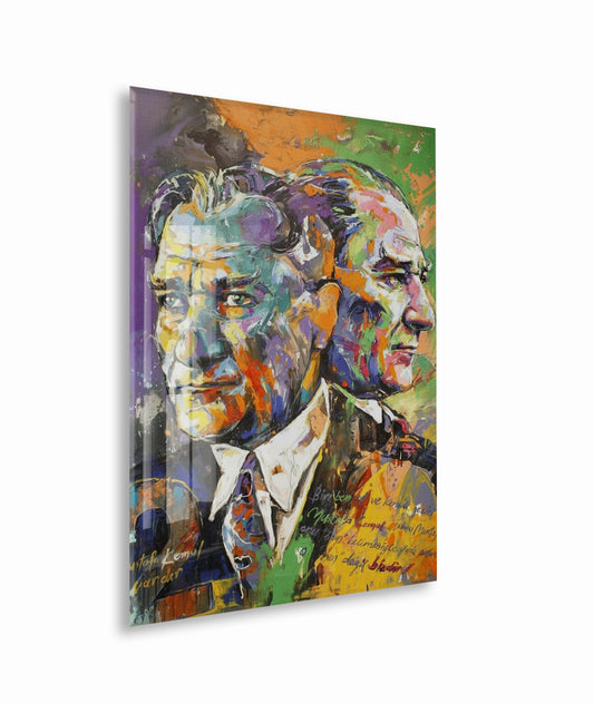 Sanatsal Çift Portre Mustafa Kemal Atatürk Cam Tablo | UV Baskılı Temperli Cam -PeonyAta1332