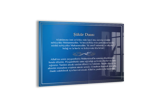 Şükür Duası Cam Tablo – Mavi Zeminli, Arapça ve Türkçe Metinli İslami Duvar Dekoru - PeonyDini092