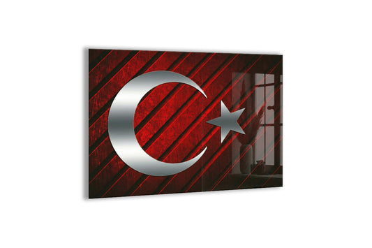 Modern Türk Bayrağı Cam Tablo | Metalik Ay Yıldız Tasarımlı 4 mm Temperli UV Baskılı Duvar Dekoru -PeonyAta1316