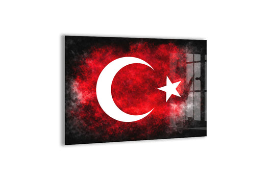 Modern Türk Bayrağı Cam Tablo | Kırmızı Siyah UV Baskılı Temperli Cam -PeonyAta1321
