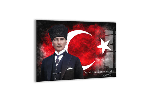 Kalpaklı Mustafa Kemal Atatürk Cam Tablo | “Adalet Mülkün Temelidir” 4 mm Temperli UV Baskılı -PeonyAta1312
