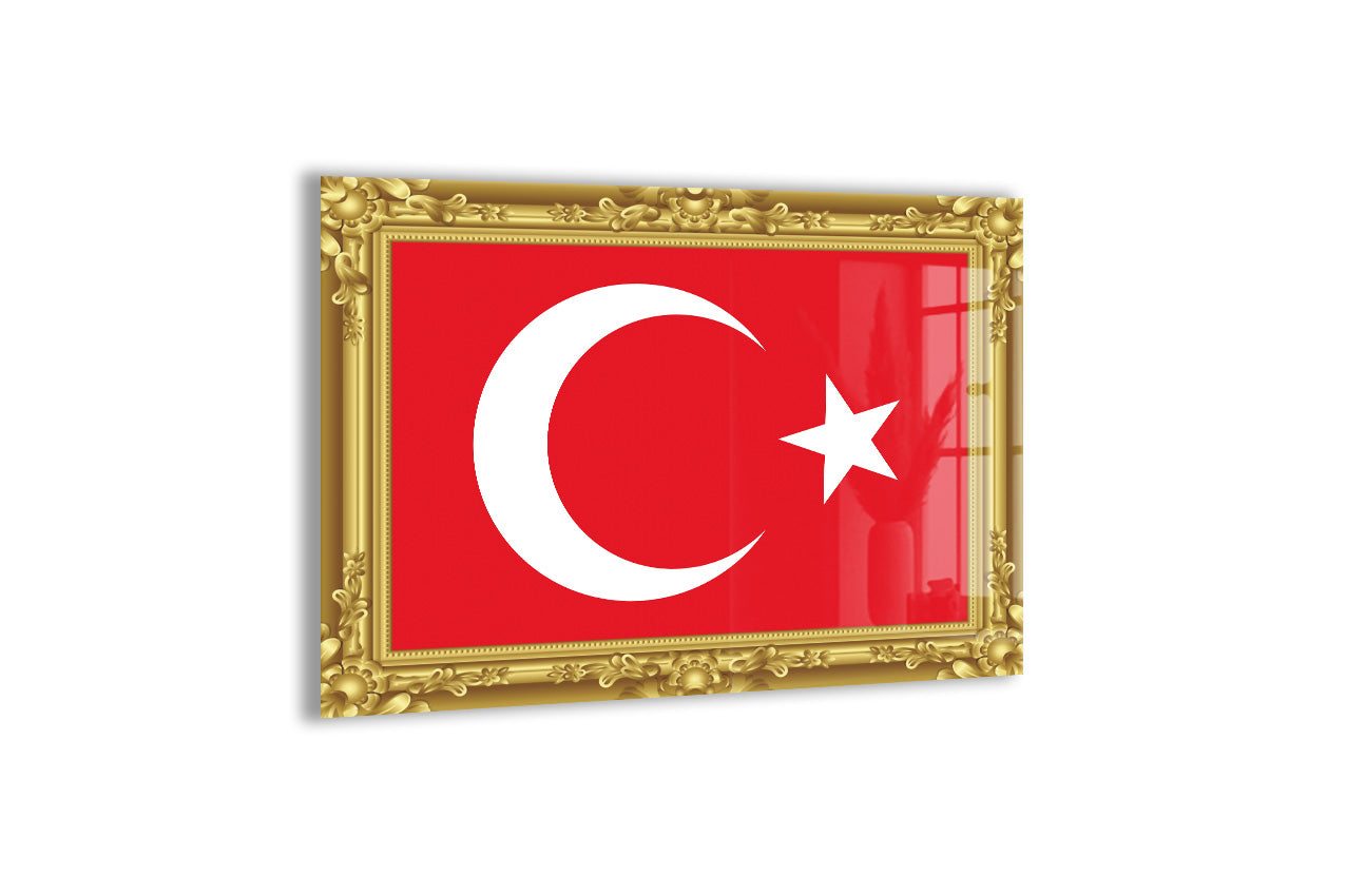 Altın Çerçeve Görünümlü Türk Bayrağı Cam Tablo | 4 mm Temperli UV Baskılı Premium Duvar Dekoru -PeonyAta1317