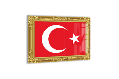 Altın Çerçeve Görünümlü Türk Bayrağı Cam Tablo | 4 mm Temperli UV Baskılı Premium Duvar Dekoru -PeonyAta1317