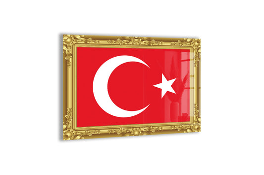 Altın Çerçeve Görünümlü Türk Bayrağı Cam Tablo | 4 mm Temperli UV Baskılı Premium Duvar Dekoru -PeonyAta1317