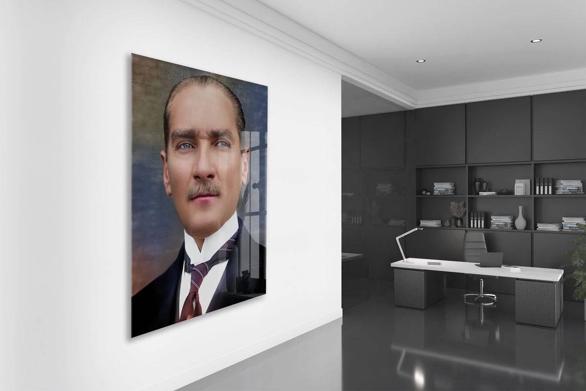 Atatürk Cam Tablo – Zamansız ve Asil Portre, 4 mm Temperli Cam Üzerine Modern Duvar Dekoru