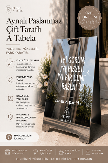 Aynalı Paslanmaz A Tabela | Dış Mekan Metal Kaldırım Tabelası | 3 Farklı Boy