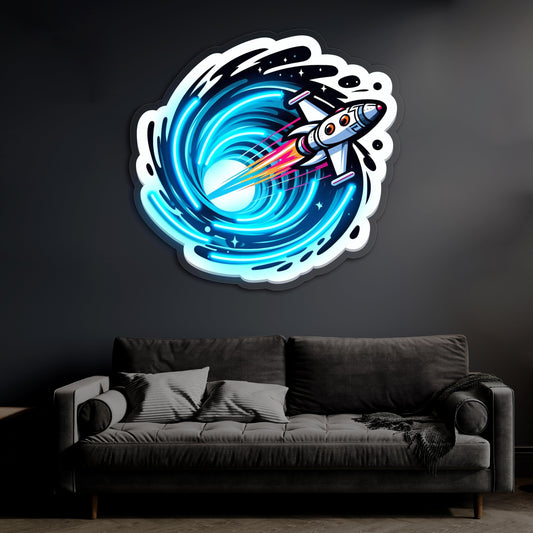 Roket Temalı Neon Duvar Dekoru | Uzay ve Astronot Konseptli LED Tablo