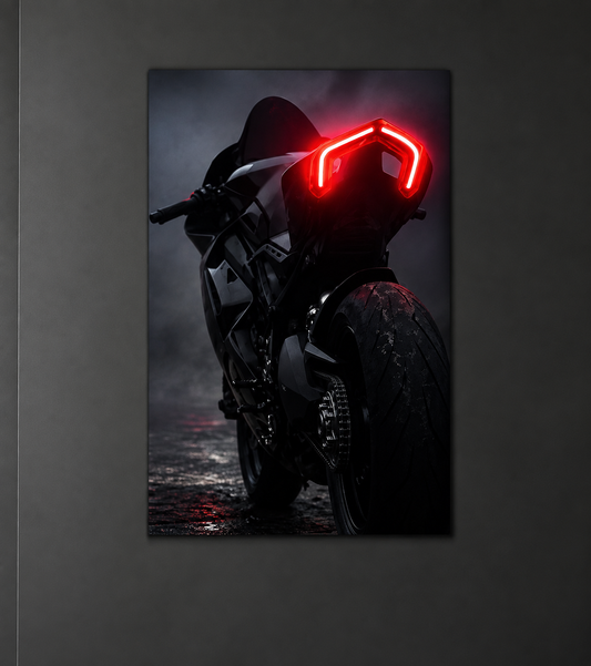 Siyah Motosiklet UV Baskı Neon Duvar Dekoru | Kırmızı Işıklı Pleksi Tablo | Modern ve Minimal Duvar Sanatı