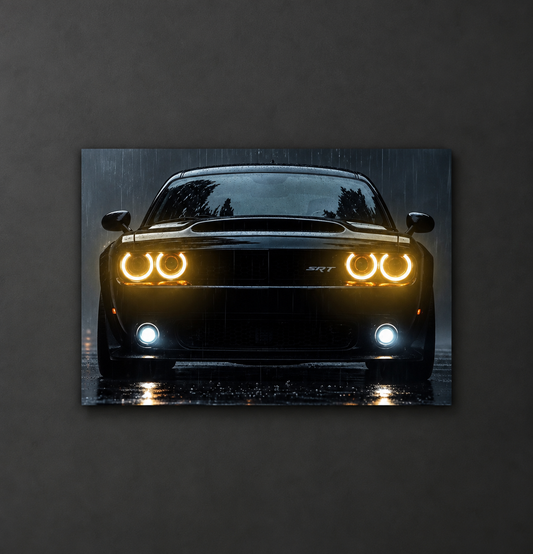 Siyah Muscle Car UV Baskı Neon Duvar Dekoru | Pleksi Işıklı Araba Tablo | Güçlü Far Efektli Modern Duvar Sanatı