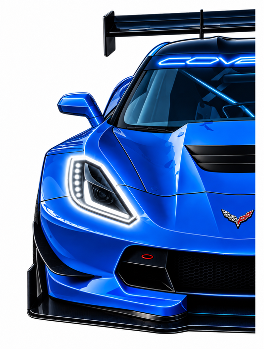 Mavi Corvette Tarzı Yarış Araba UV Baskı Neon Duvar Dekoru | Pleksi Işıklı Spor Araba Tablo | Modern Ev Dekoru