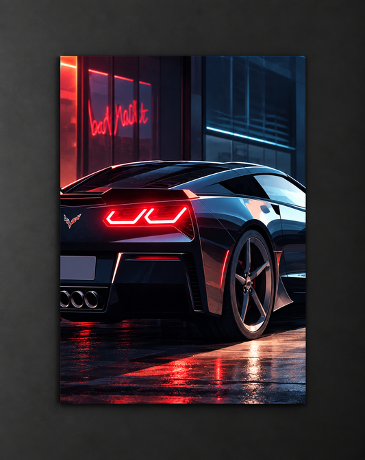 Siyah Corvette Tarzı UV Baskı Neon Duvar Dekoru | Pleksi Işıklı Süper Araba Tablo | Modern Ev ve Ofis Dekoru