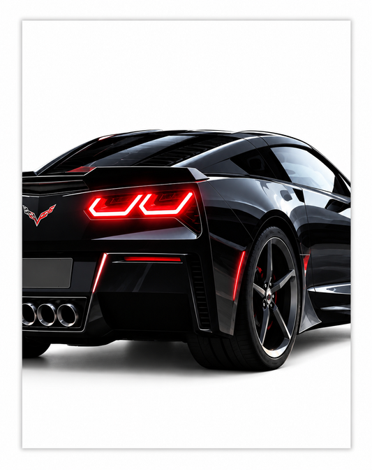 Siyah Corvette Tarzı UV Baskı Neon Duvar Dekoru | Pleksi Işıklı Süper Araba Tablo | Modern Ev ve Ofis Dekoru