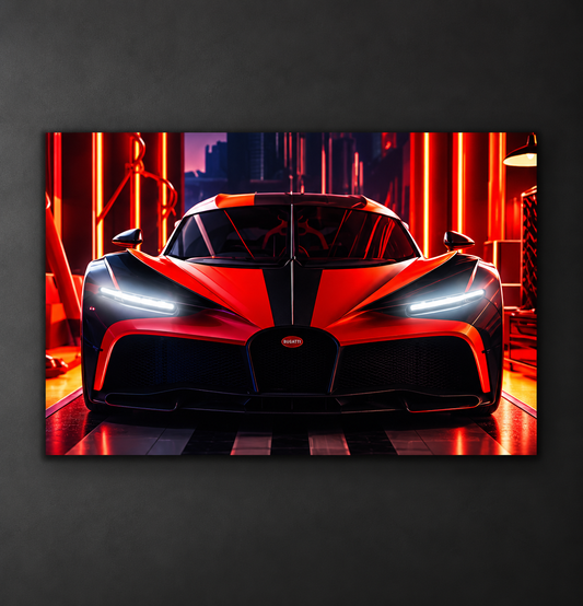 Kırmızı Bugatti Tarzı UV Baskı Neon Duvar Dekoru | Pleksi Işıklı Süper Araba Tablo | Gamer Room Duvar Sanatı