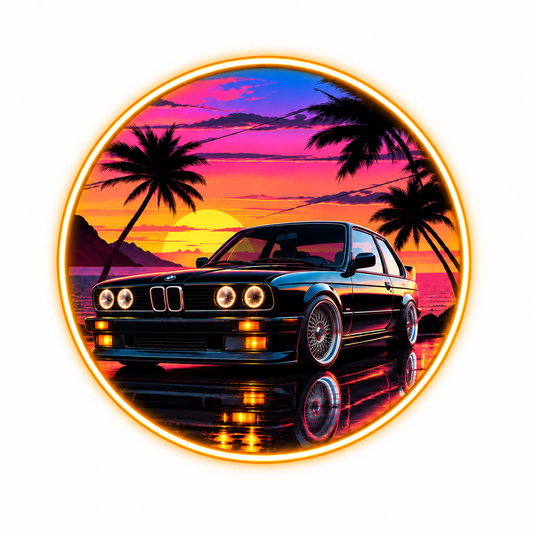 Retro BMW Tarzı Yuvarlak UV Baskı Neon Duvar Dekoru | Gün Batımı Temalı Pleksi Işıklı Tablo | Modern Ev Dekoru