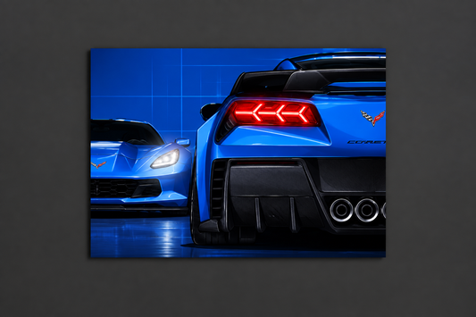 Mavi Corvette Tarzı UV Baskı Neon Duvar Dekoru | Pleksi Işıklı Süper Araba Tablo | Modern Ev ve Ofis Dekoru