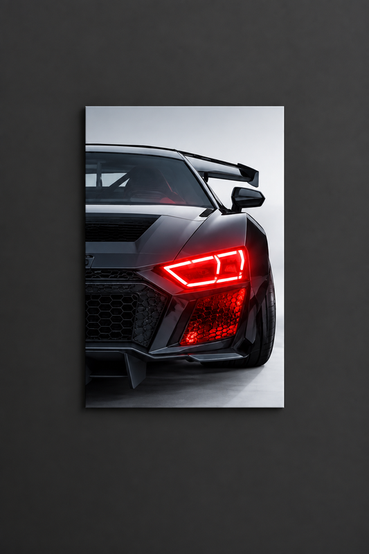 Siyah Audi R Tarzı UV Baskı Neon Duvar Dekoru | Pleksi Işıklı Spor Araba Tablo | Modern Ev ve Ofis Dekoru