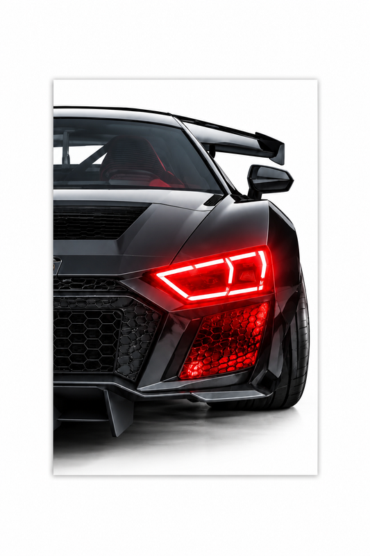 Siyah Audi R Tarzı UV Baskı Neon Duvar Dekoru | Pleksi Işıklı Spor Araba Tablo | Modern Ev ve Ofis Dekoru
