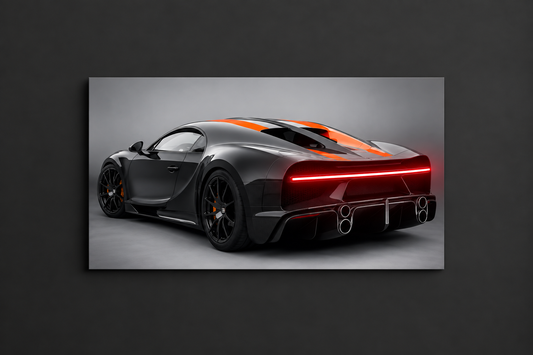 Siyah Bugatti Tarzı UV Baskı Neon Duvar Dekoru | Pleksi Işıklı Süper Araba Tablo | Modern Ev ve Ofis Dekoru