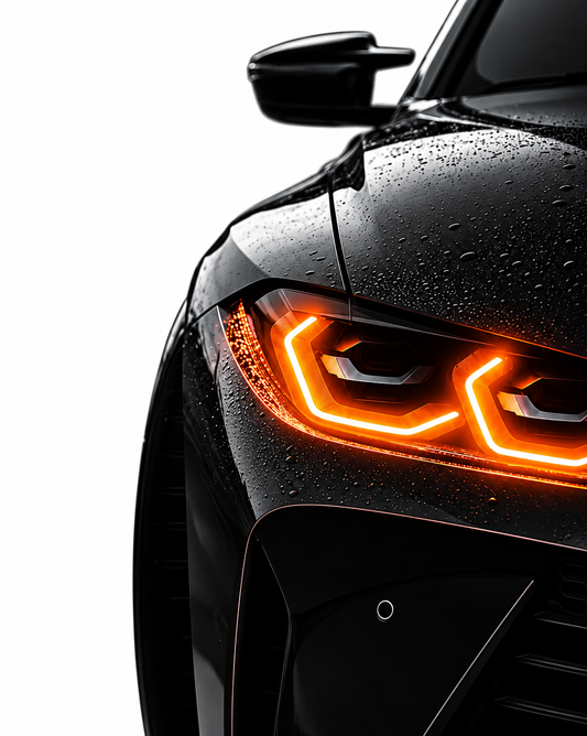 Turuncu Far Detaylı Spor Otomobil UV Baskı Neon Tablo | Pleksi LED Duvar Dekoru | Modern Otomobil Sanatı