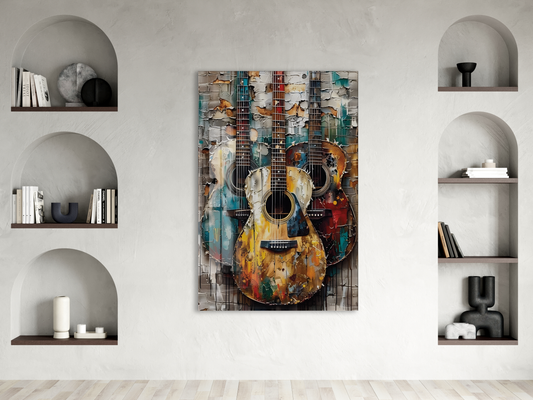 Vintage Gitar Kompozisyonu Cam Tablo – Müzik Temalı Modern Soyut Sanat, Renkli UV Baskılı Temperli